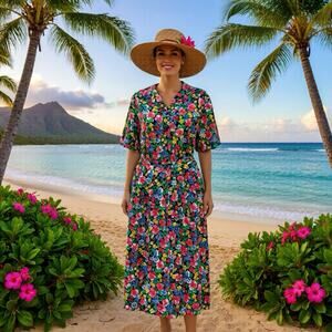 Vintage Shirt Skirt Set Women L Cotton Floral Retro 80s Matching Outfit Hawaiian